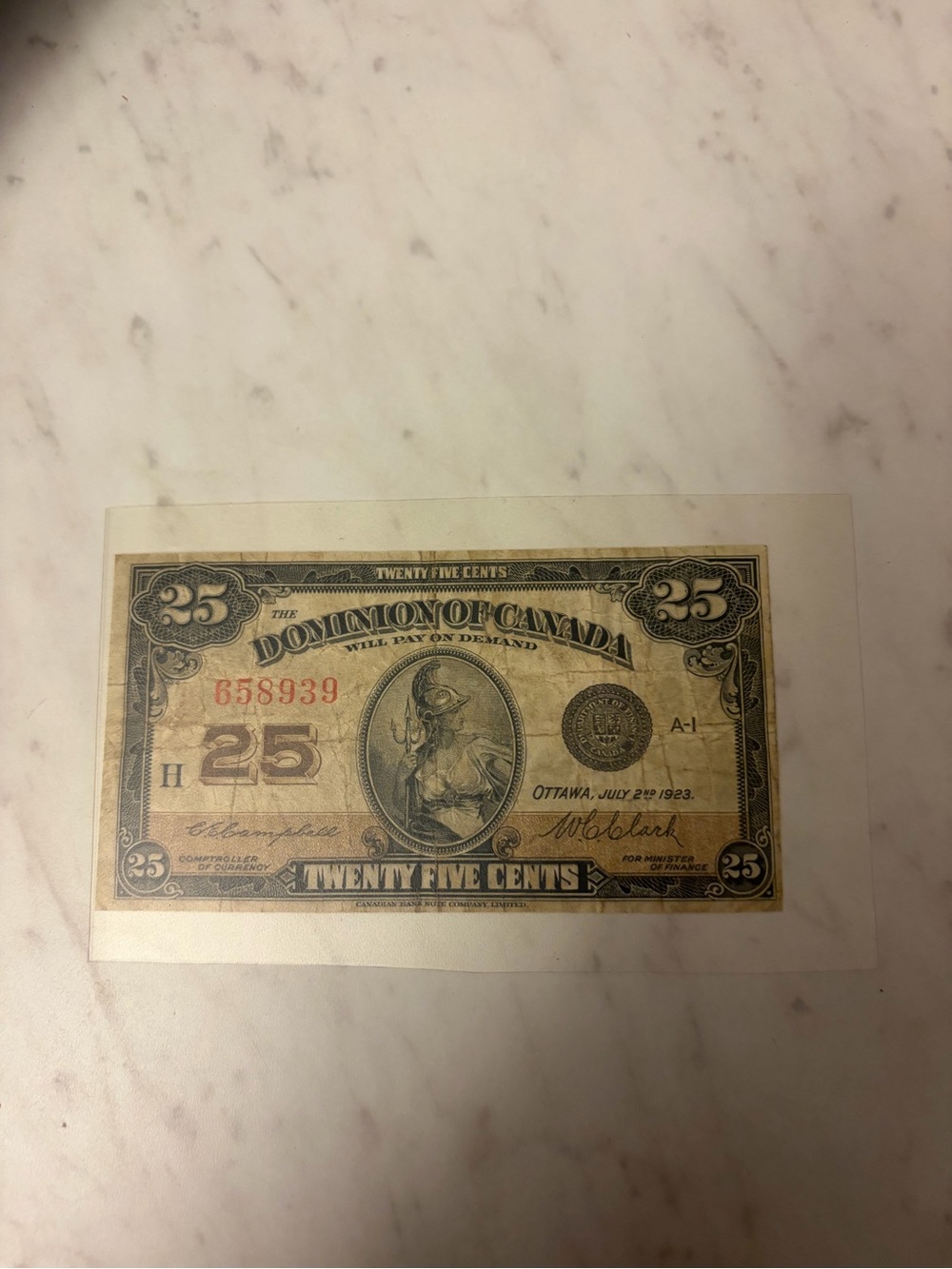 1923 Dominion of Canada 25 Cents Banknote - circulated